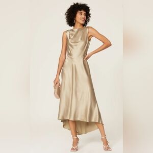 Saloni Jen High Low Hourglass Sleeveless Midi Dress In Gold Crepe Womens 2